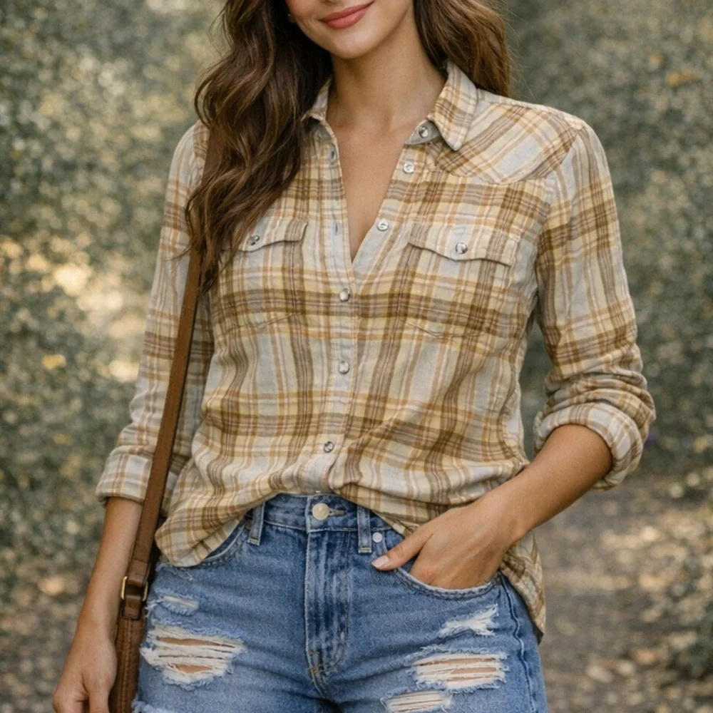 J. Crew Tan and Cream Checkered Shirt